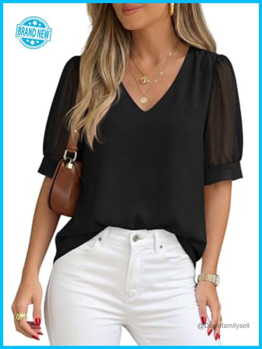 Womens Chiffon Blouse Short Puff Sleeve V-Neck Top for Work